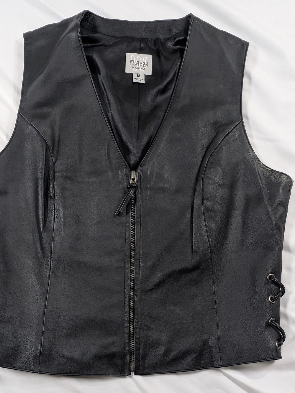 Wilsons Leather Maxima Black Genuine Leather Side Lace Up Zip Vest Womens Medium